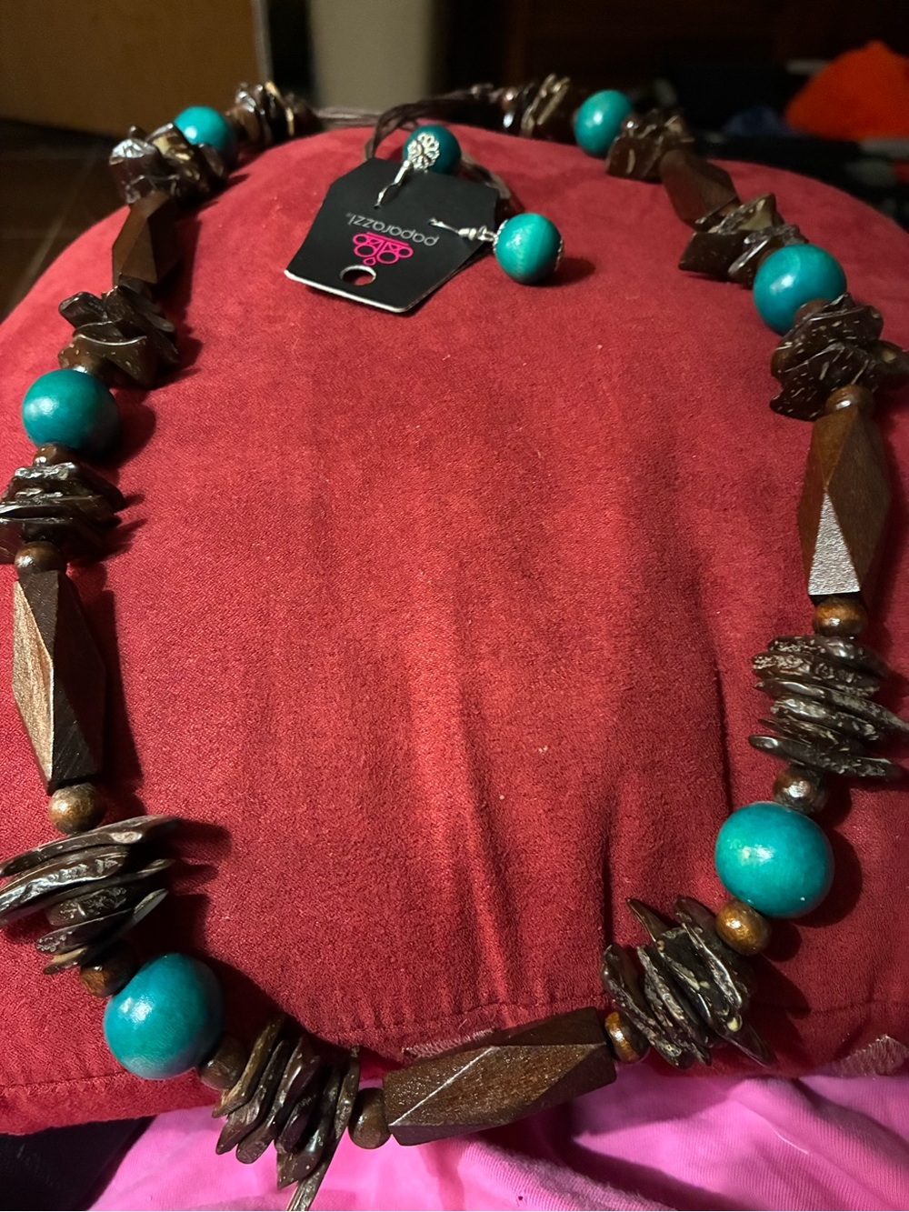 paparazzi Turquoise and Brown Wood Beaded Necklace